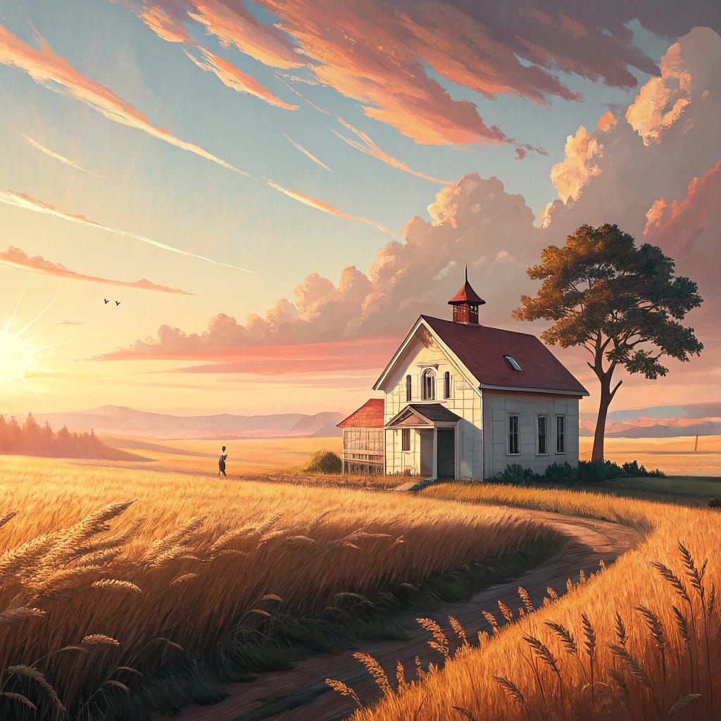 Early Morning Sunrise Over Great Plains Farmhouse