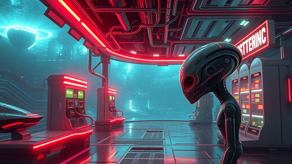 Futuristic Alien Petrol Station with Neon Lights