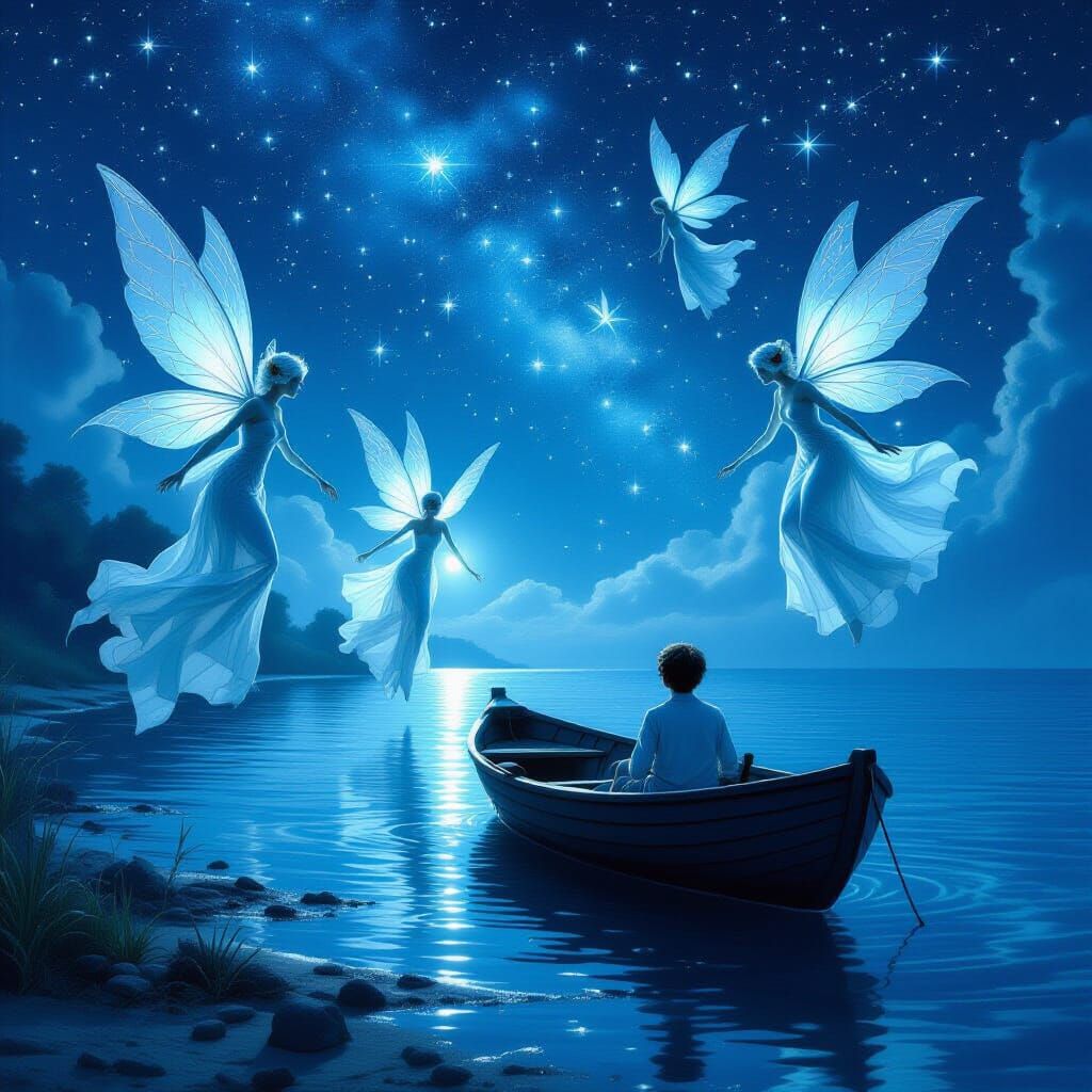 Enigmatic Fairies Dancing in Dreamlike Night Sky