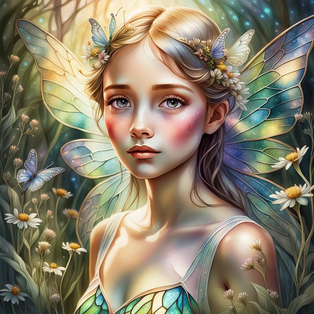 Fairy Portrait in Luminescent Meadow, Mixed Media