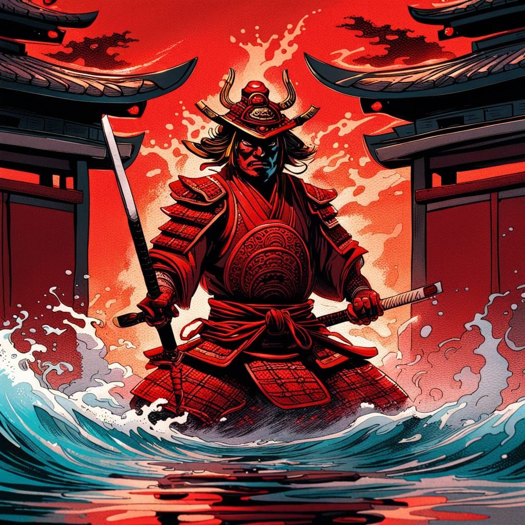 Hyperrealistic Red Samurai God Guards Water Temple