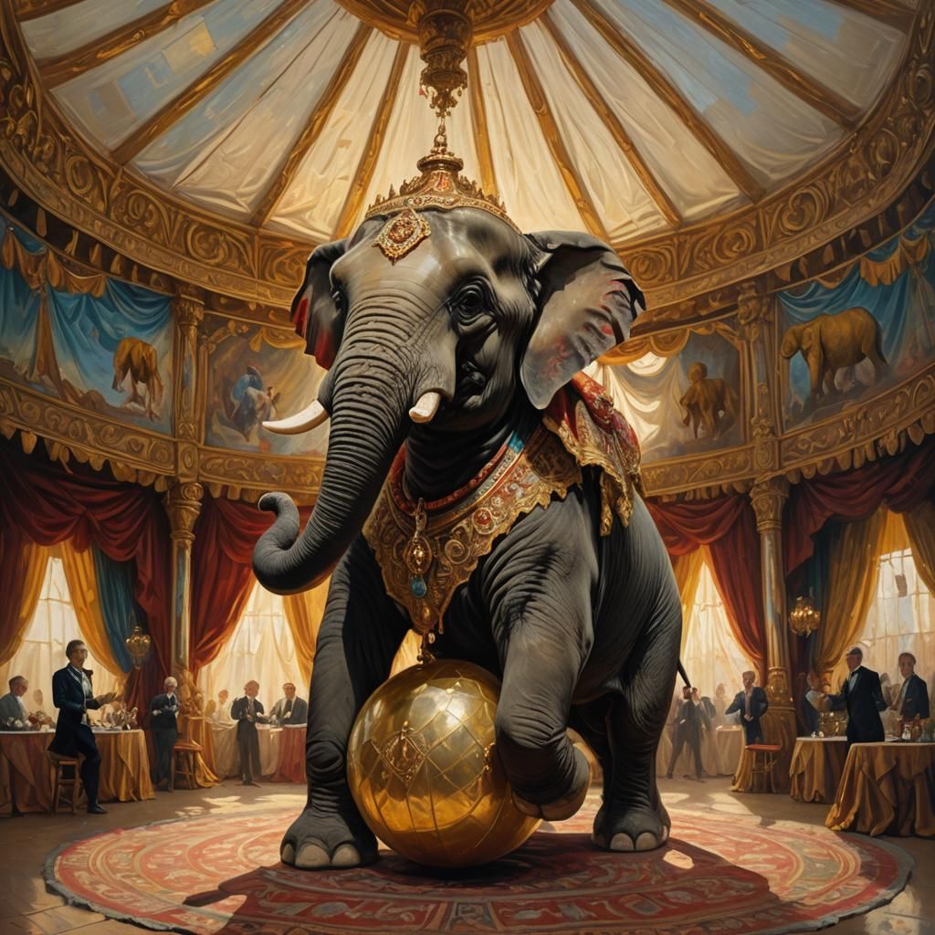 Circus Elephant Balances in Baroque Oil Painting