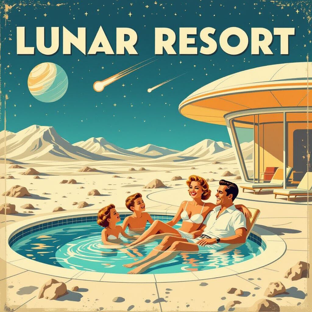 1950s Lunar Resort Ad: Family Relaxing by Poolside