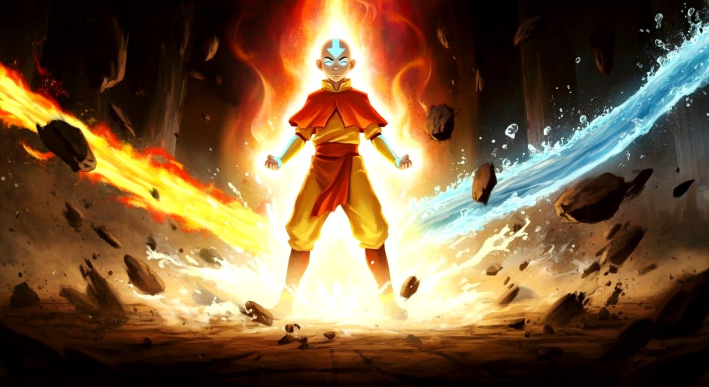 Aang Unleashes Elemental Powers in Anime Style