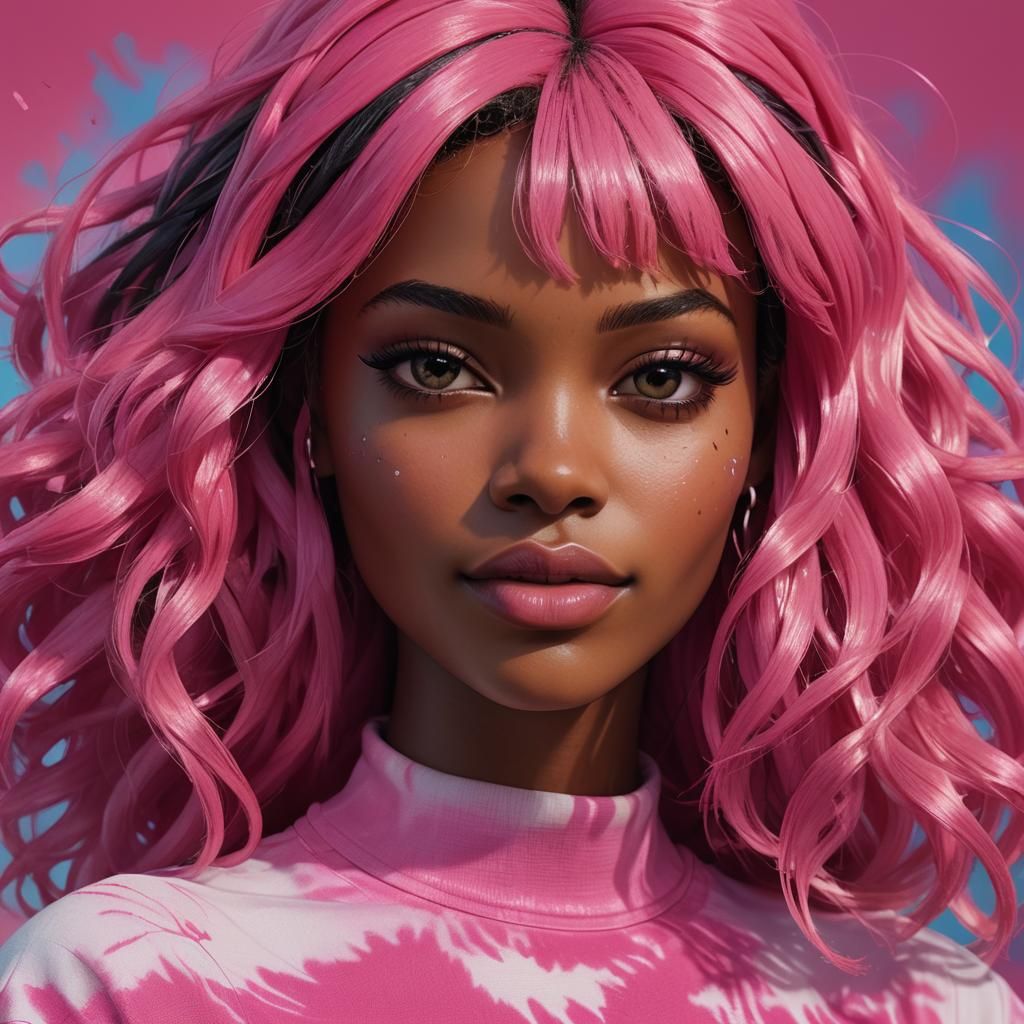 Hyperrealistic Portrait of a Black Girl in Pink Tie-Dye