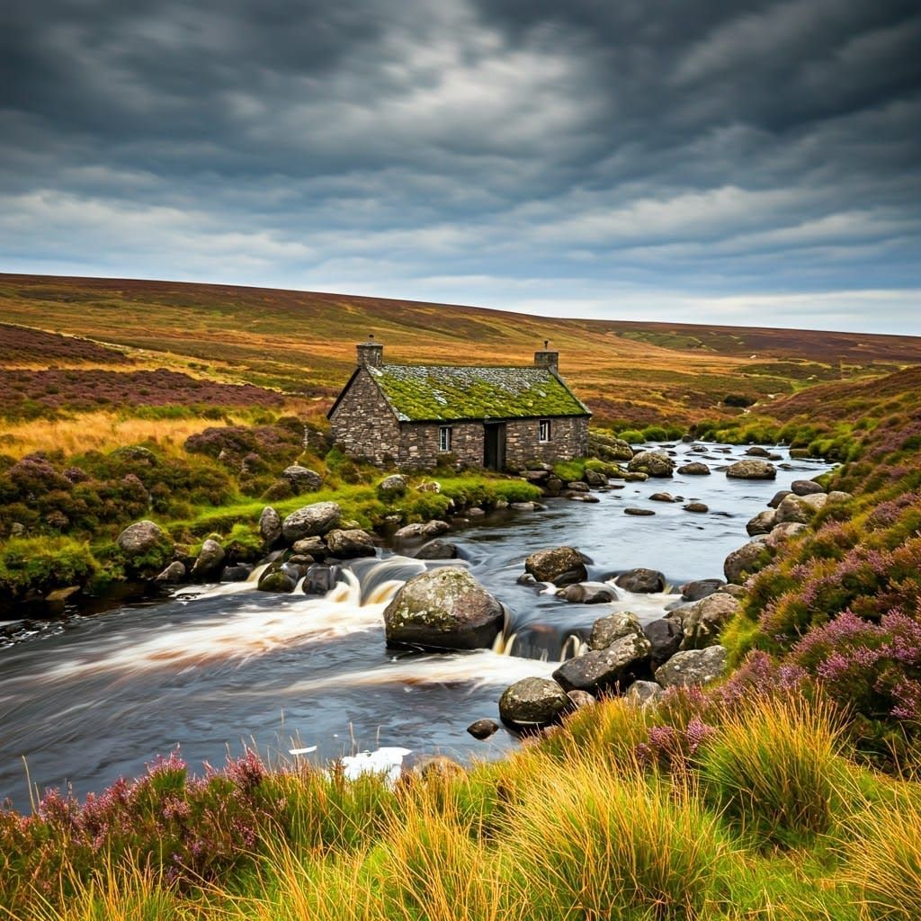 Rustic Cottage by River in Moorland Landscape