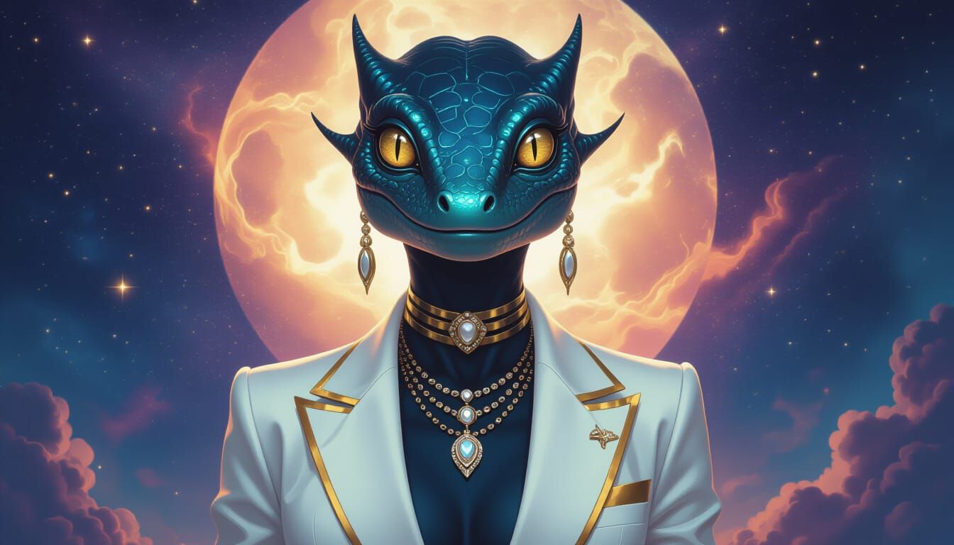 Iridescent Gecko Woman in Cosmic Psychedelic Style