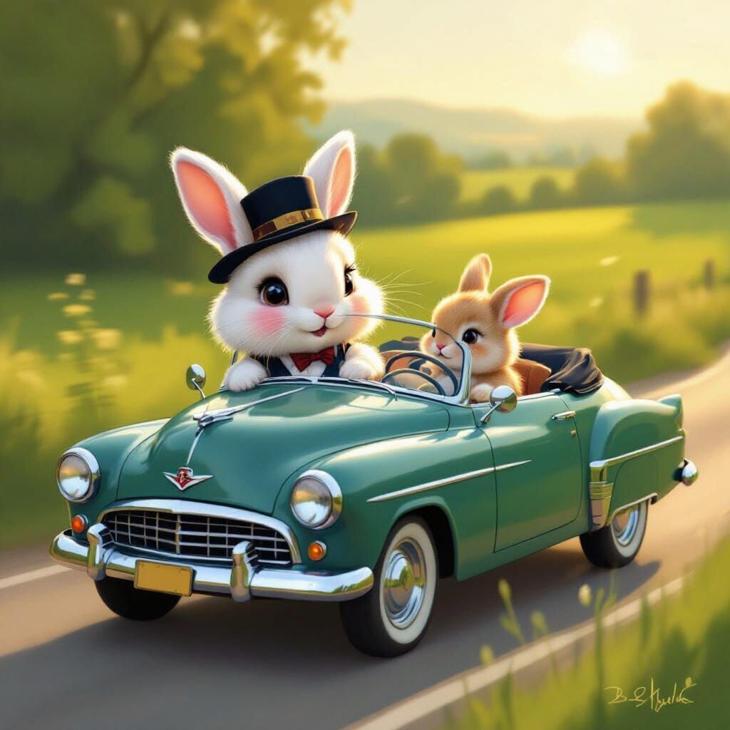 Fluffy Bunny Chauffeur Drives Vintage Car with Baby Bunny