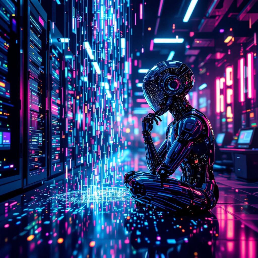 Sentient AI Contemplates Existence in Neon Chamber