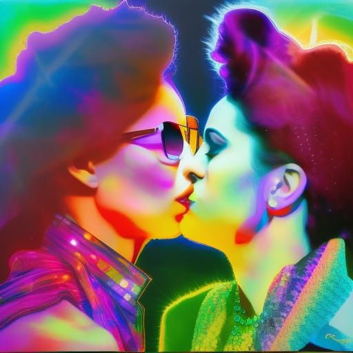 2 Lesbians kissing masterpiece perfect depiction 8k resolution holographic astral cosmic illustration mixed media by Pab...