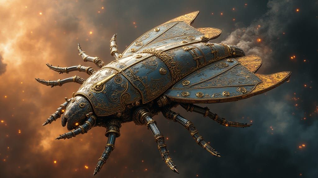 Steampunk Scarab Starship Soaring Through Nebula