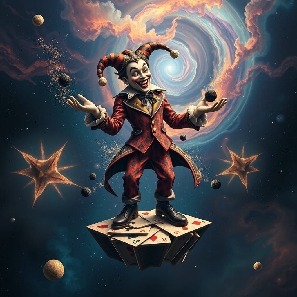 Cosmic Joker Juggles Black Holes in Surreal Space Art