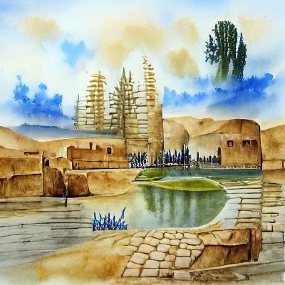 Mesopotamian City Lake Landscape Watercolor Painting