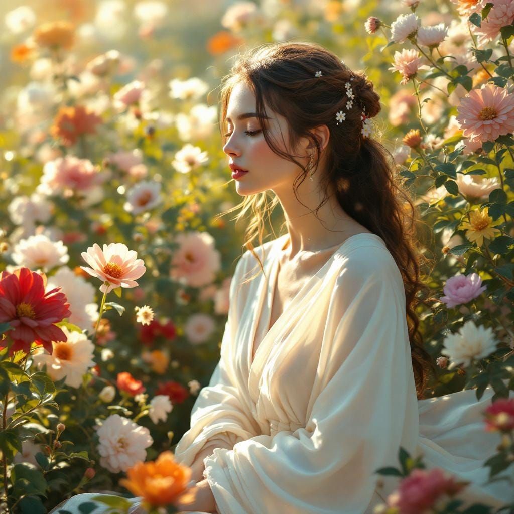 Ethereal Woman in Floral Landscape, Dreamy Digital Art