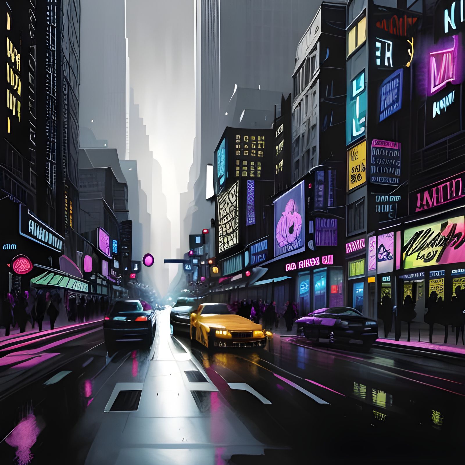 Noir Night Cityscape: Bustling Metropolis in Watercolor