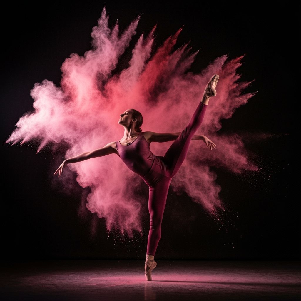 Dancer in Dynamic Pose with Exploding Colored Powder