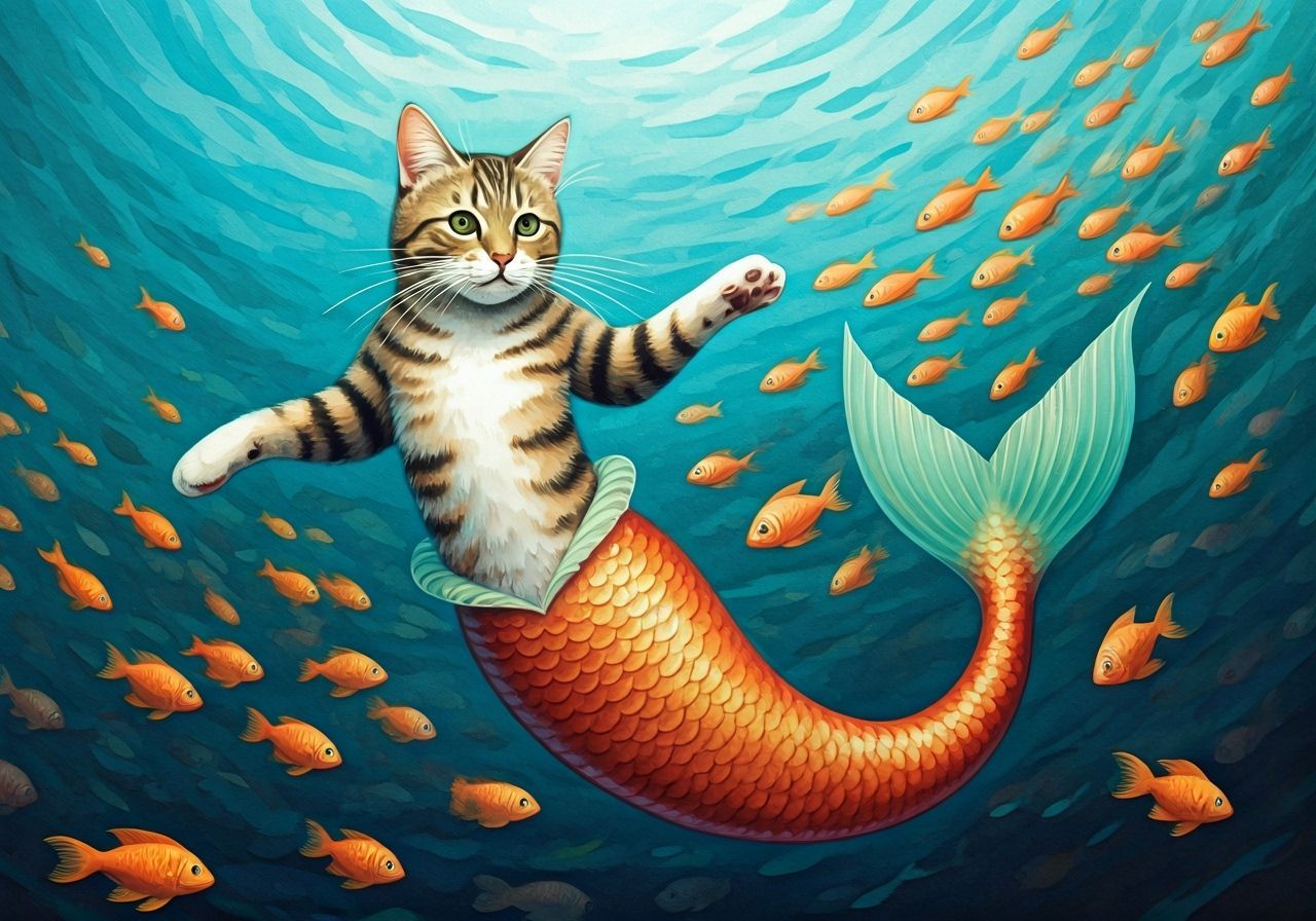 Tabby Cat Mermaid Creature Swims with Colorful Fish