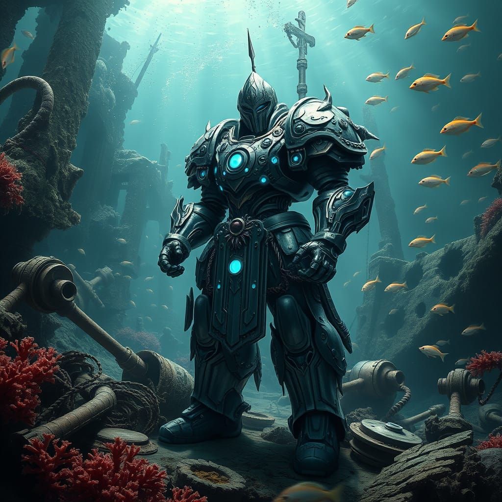 Cyberpunk Aquatic Knight Amidst Underwater Wreckage