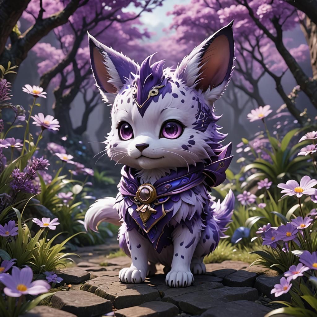 Cute Purple Anime Animal Character in Detailed Painting