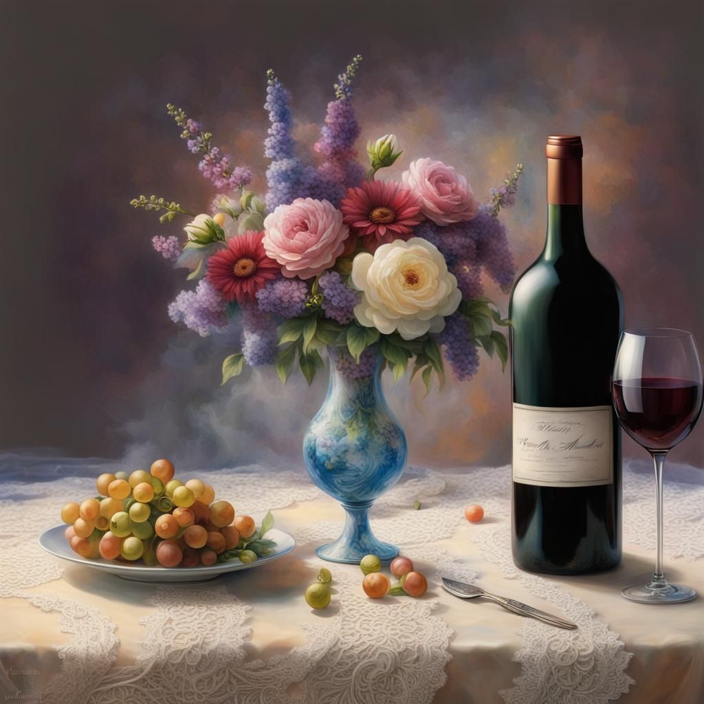 Ethereal Still Life: Flowers, Wine, and Fantasy