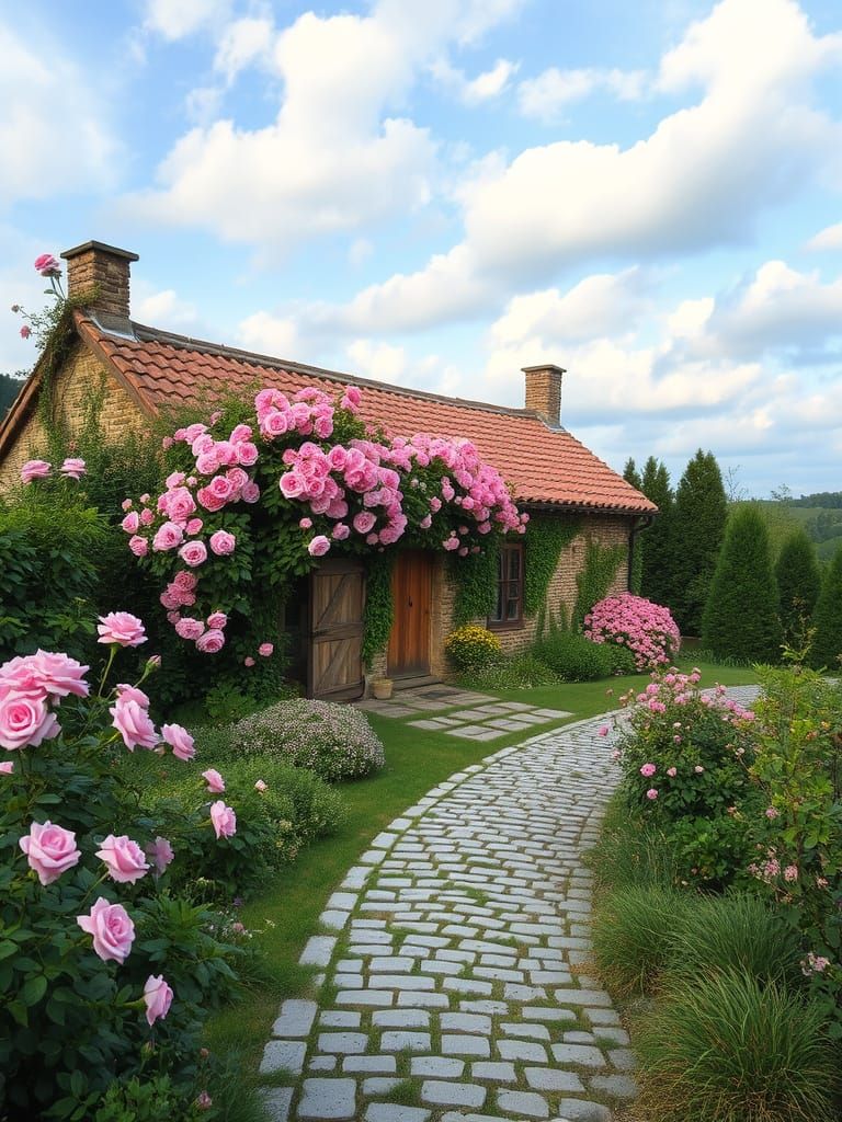 Charming Stone Cottage with Pink Roses
