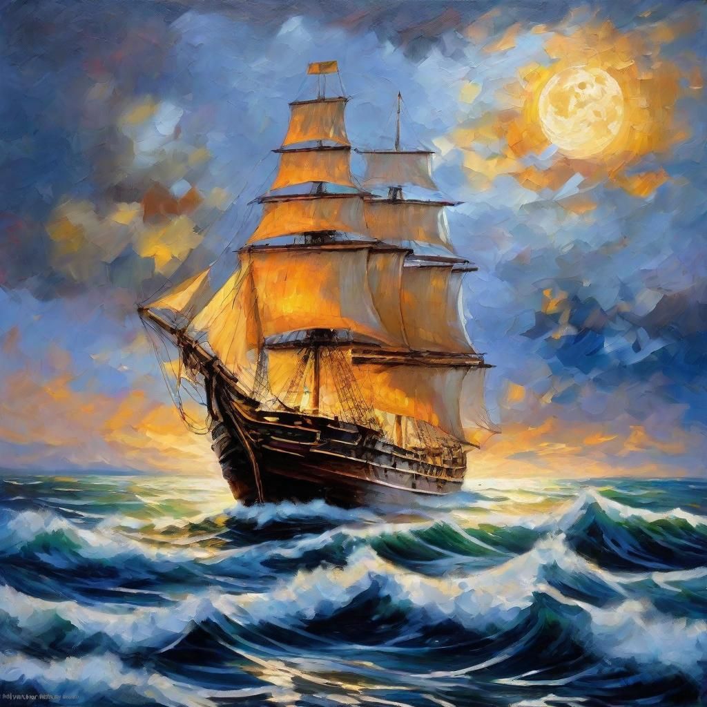Old Ship Sails at Night as Impasto Painting