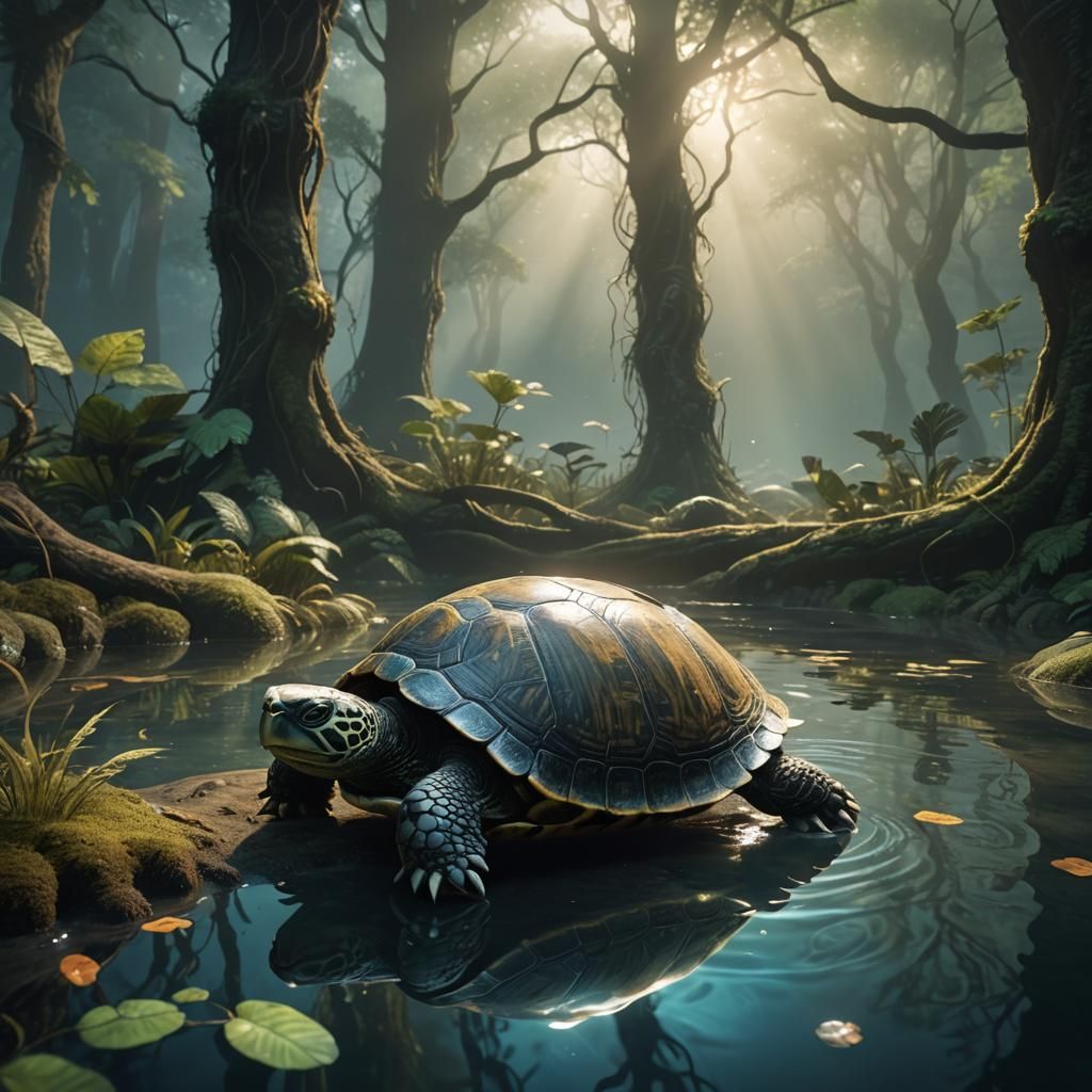 Glowing Turtle in Mystical Forest: Fantasy Concept Art