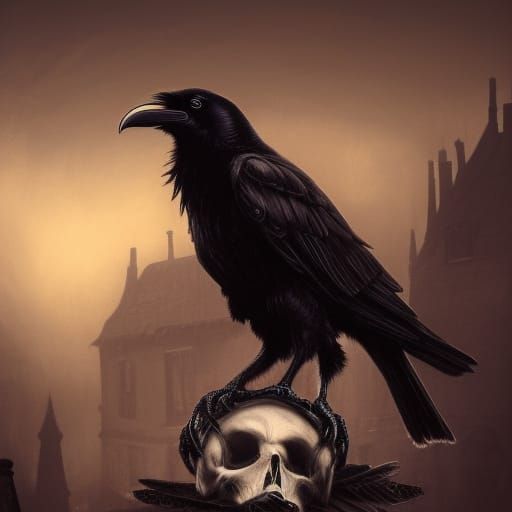 Raven on Skull in Ghostly Setting