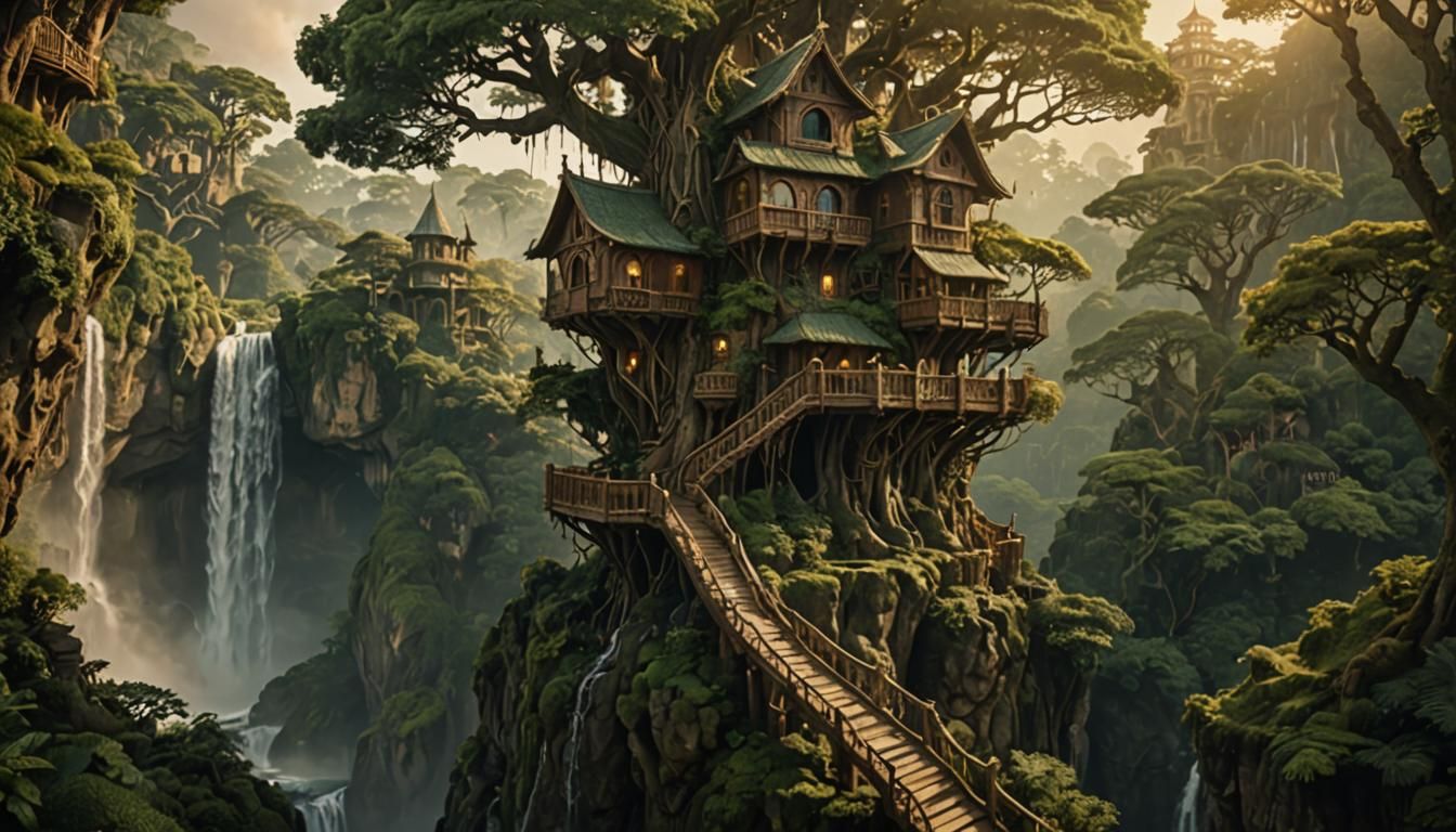 Enchanting Elven Treehouse in Misty Jungle Landscape