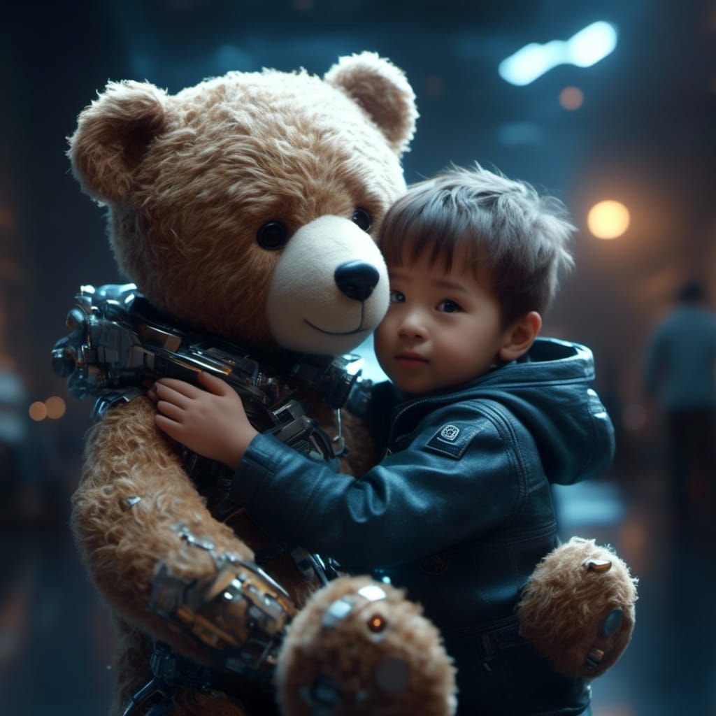 Cyborg Teddy Bear Hugs Toddler in Waiting Room