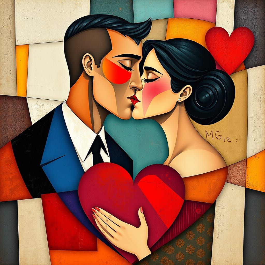 Cubist Heart with Kissing Couple in Picasso Style