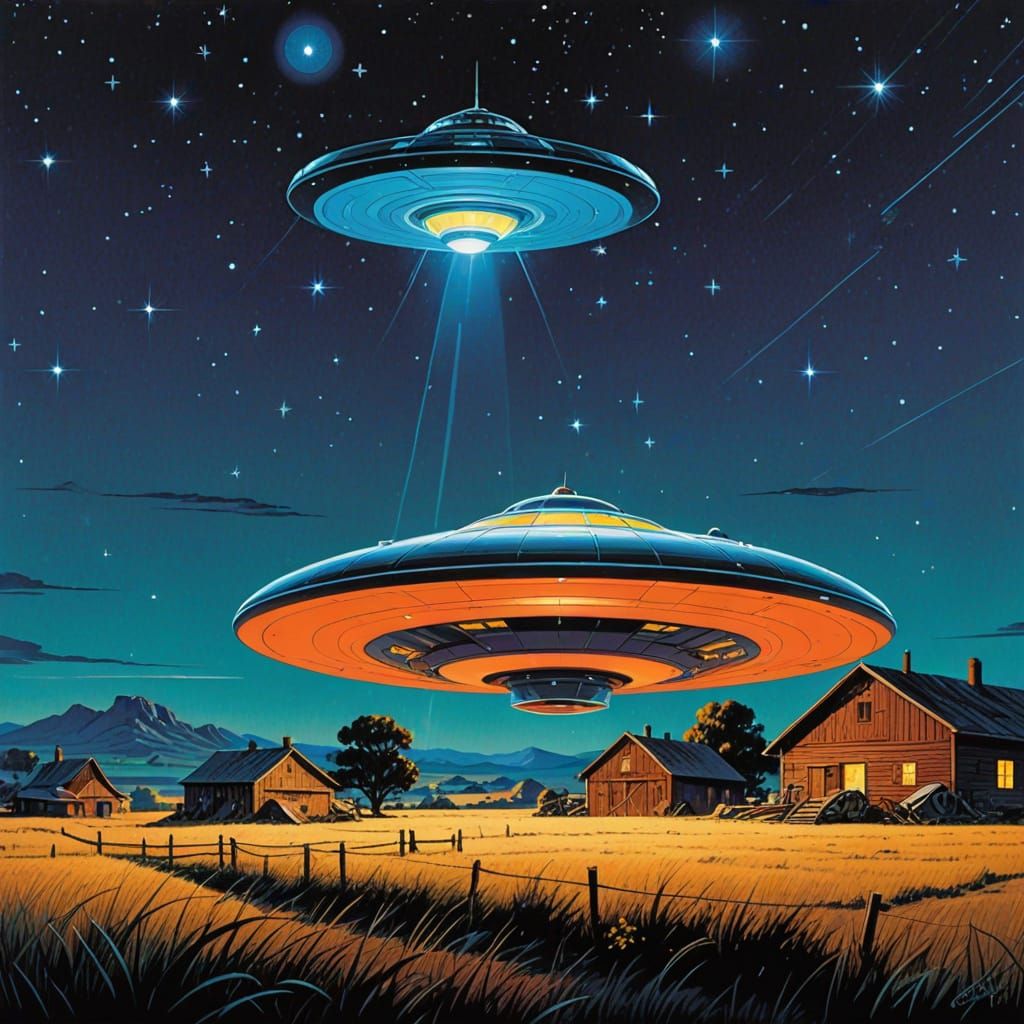 Retro Sci-Fi Flying Saucer Over Farm