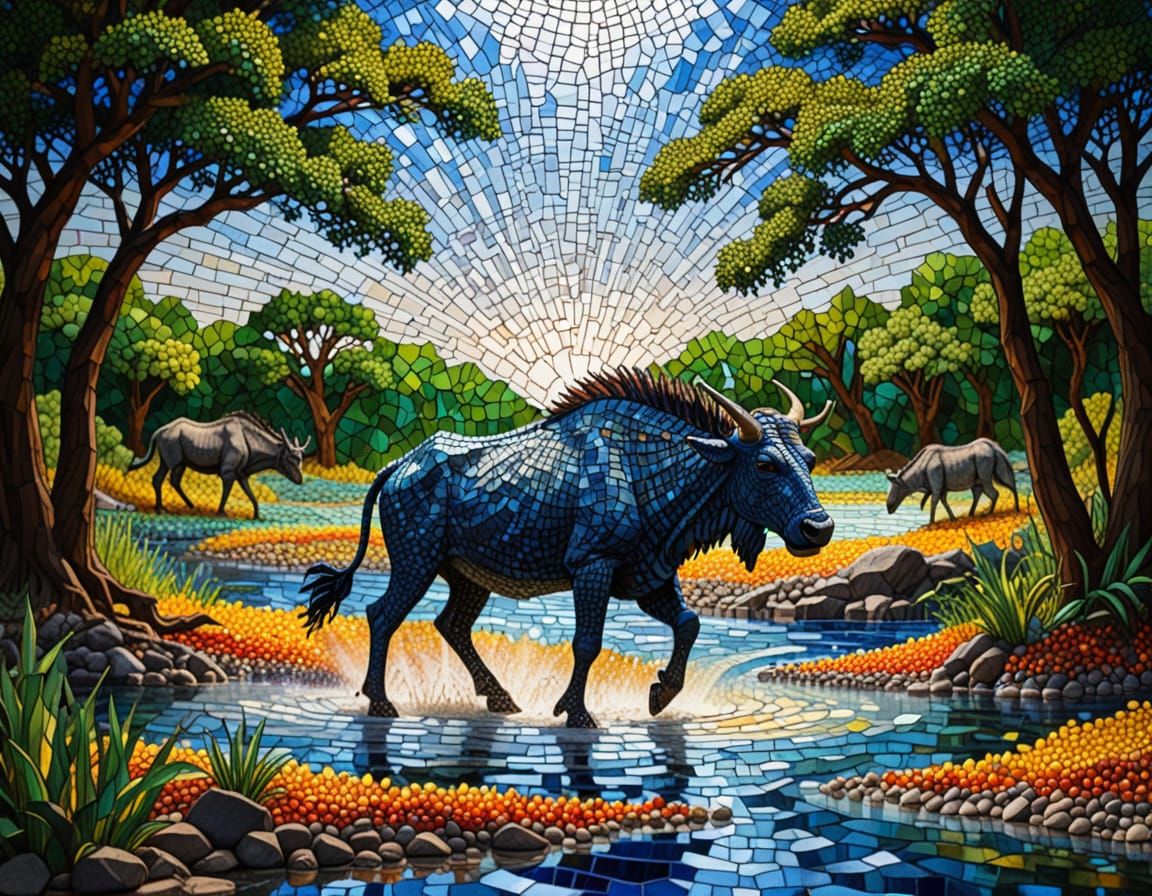 Vibrant Pointillist Scene of Wildebeest River Crossing Amids...