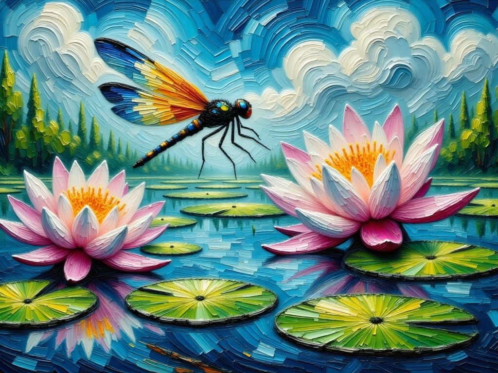 Dragonfly in Impasto Style Over Water Lily Pond