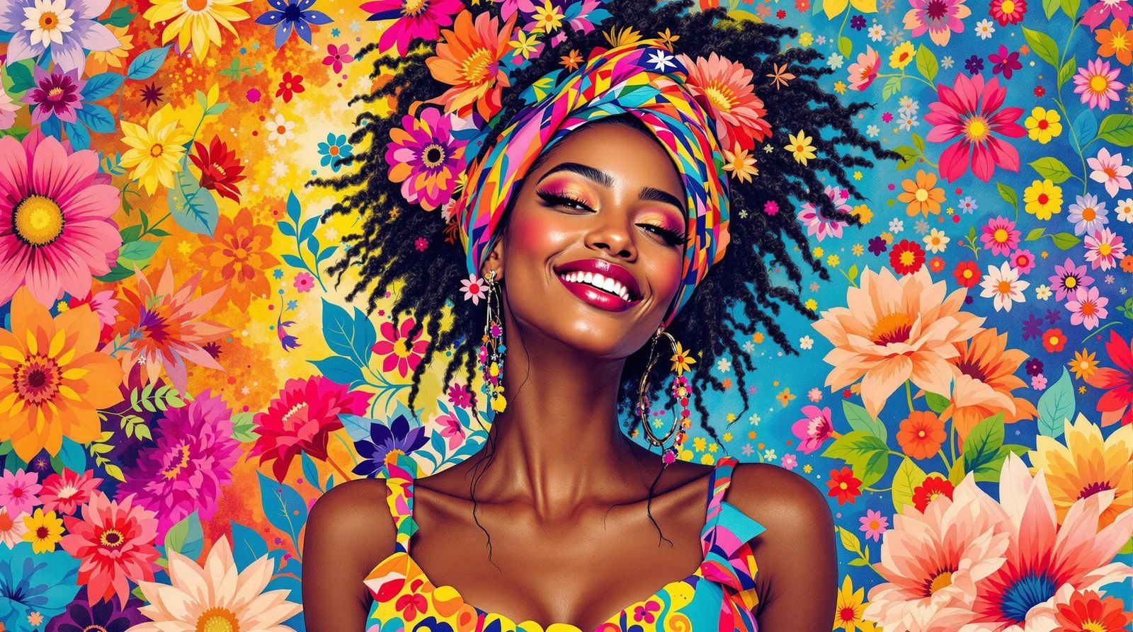 Vibrant Portrait of a Happy Woman in Watercolor Style