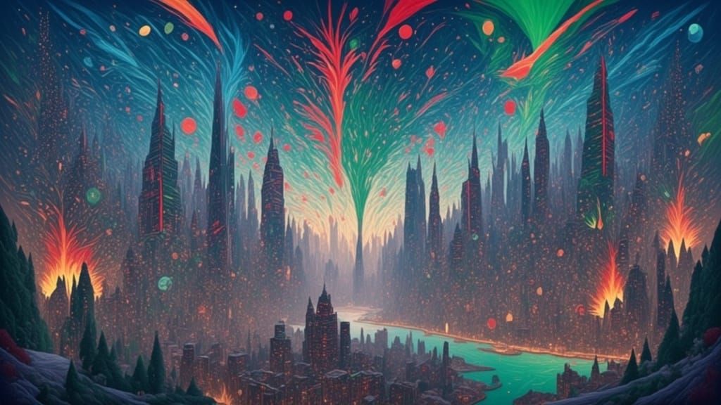 Cyberpunk Cityscape of Ruins and Refineries on Stormy Lake