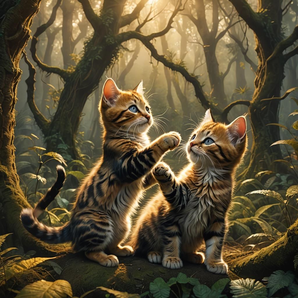 Kittens' Secret Handshake in Mystical Forest