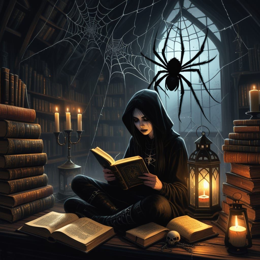Gothic Teen Reads to Spiders in Attic Room