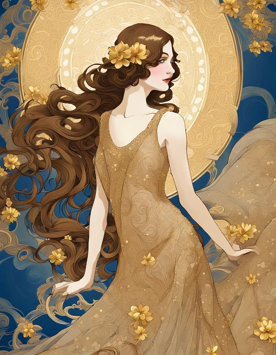 1920s Woman Silhouette with Gold Flowers in Art Deco Style