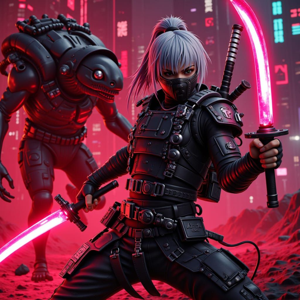 Cyberpunk Ninja Battles Biomechanical Monsters in Neon City