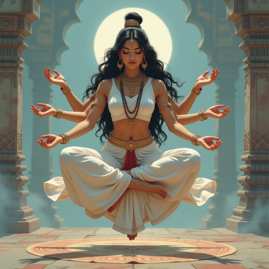 Meditating Woman with Multiple Arms in Mystical Setting