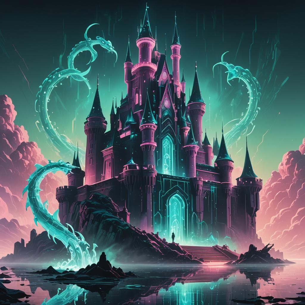 Cyberpunk Crystal Castle with Serpent Monster
