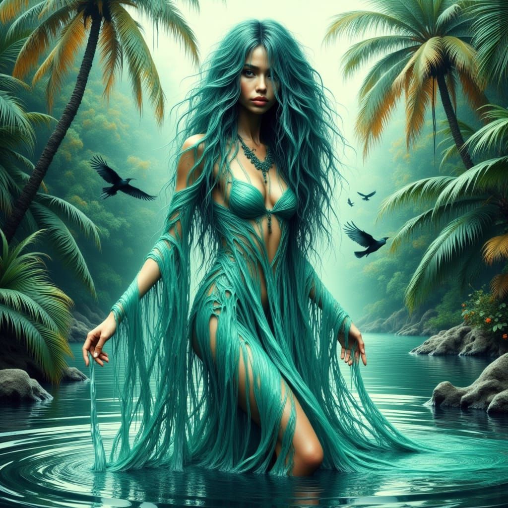 Water Goddess in Tropical Paradise Scene