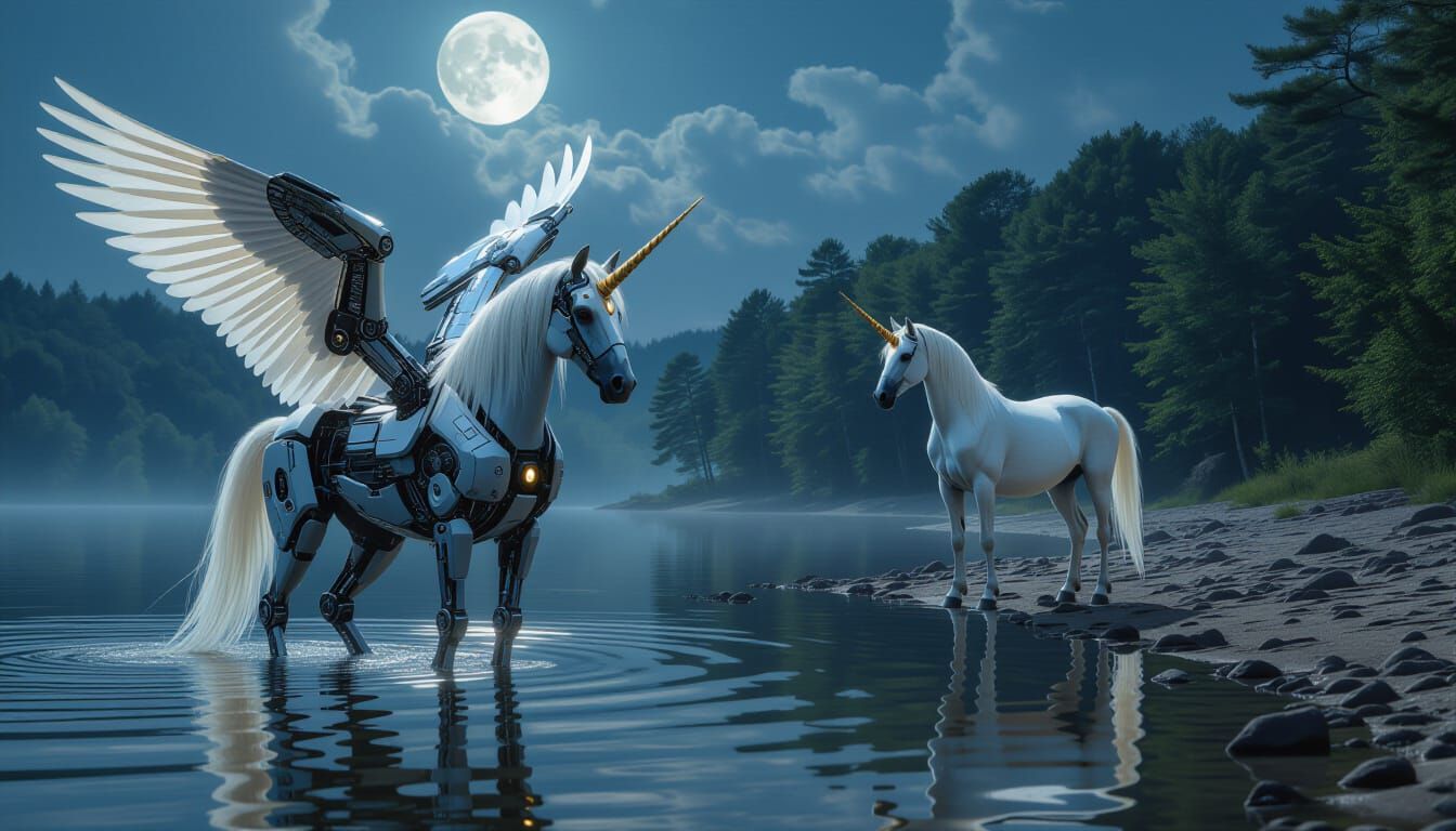 Cybernetic Pegasus Meets Organic Unicorn by Moonlit Lake