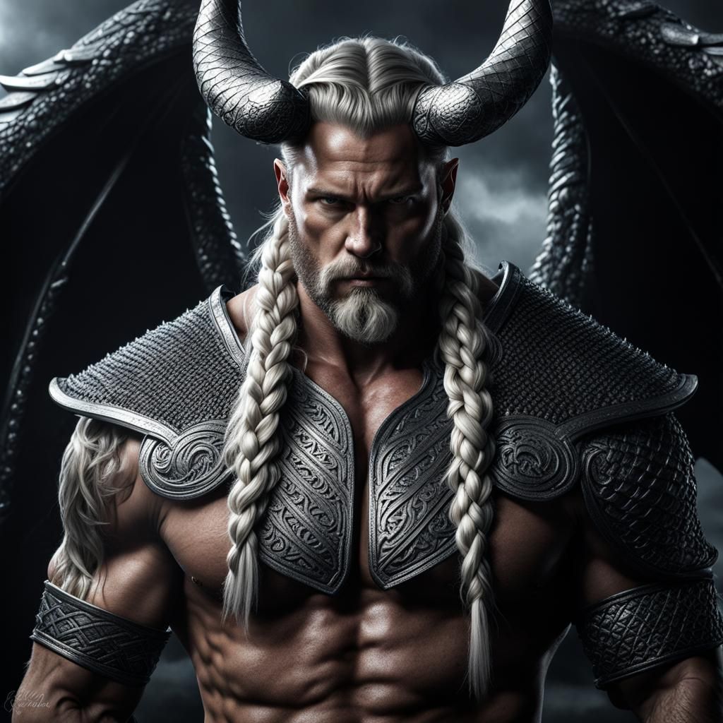 Viking Warrior and Dragon in Gothic Fantasy Art