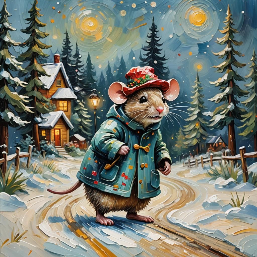Whimsical Winter Mouse in Van Gogh Style
