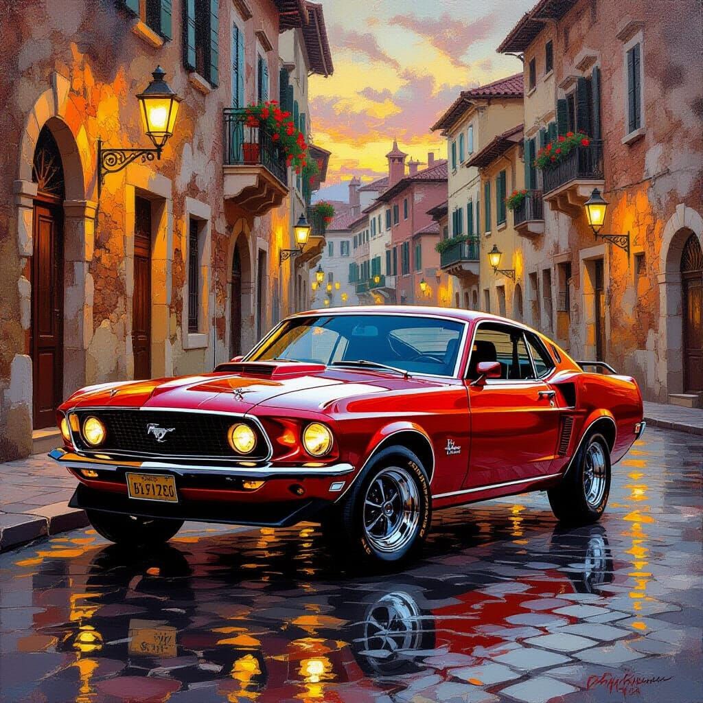 1969 Mustang Muscle Car at Dusk in European City