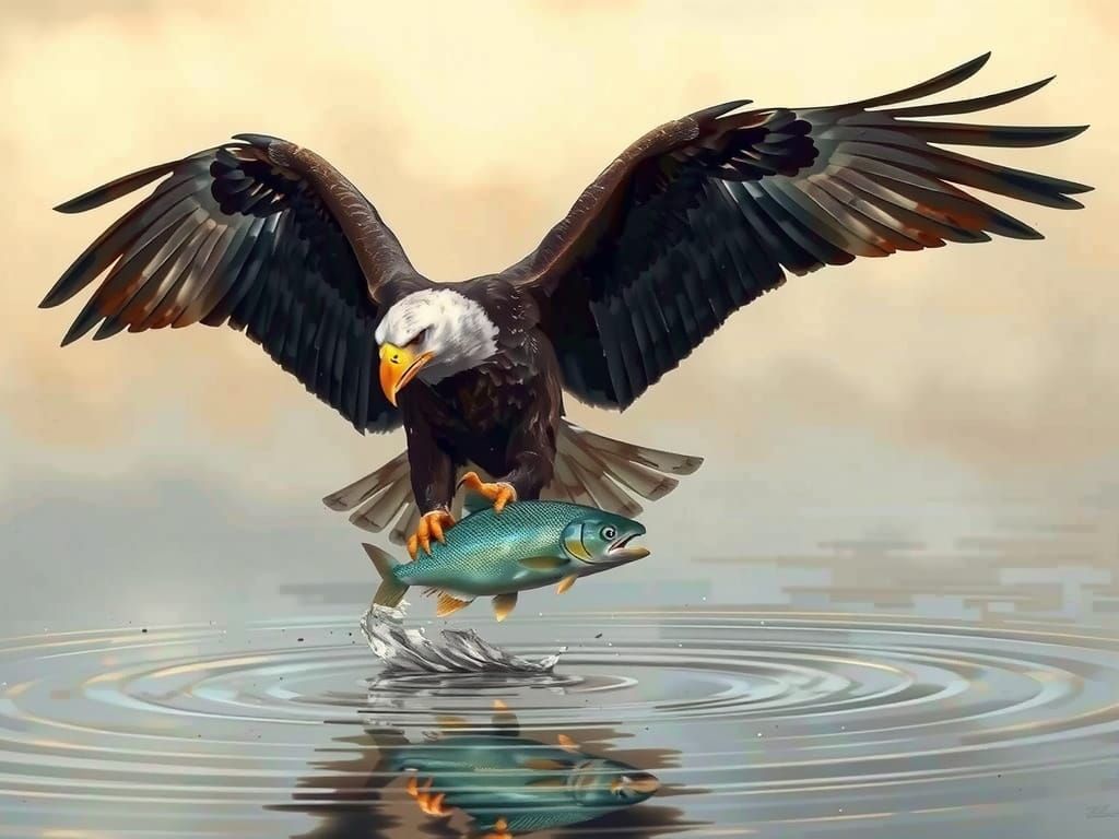 Majestic Eagle Captures Fish in Golden Light