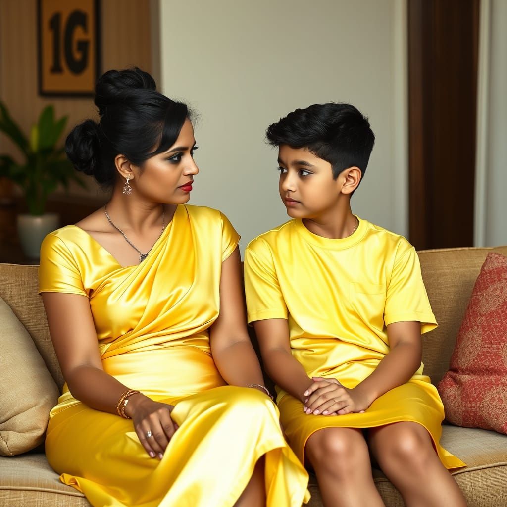 Elegant Indian Woman in Yellow Silk Outfit Seated with Boy