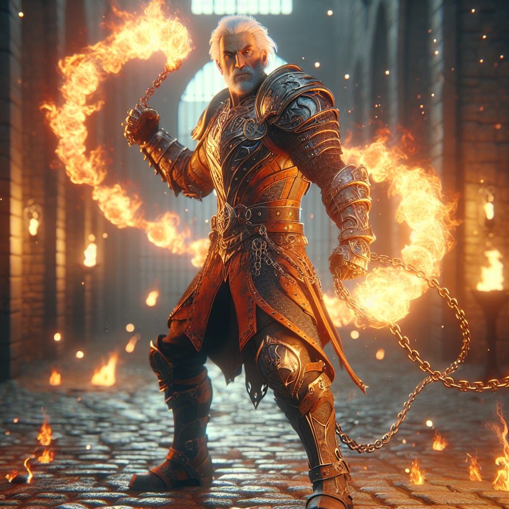 Fantasy Warrior Engulfed in Flames at Dusk